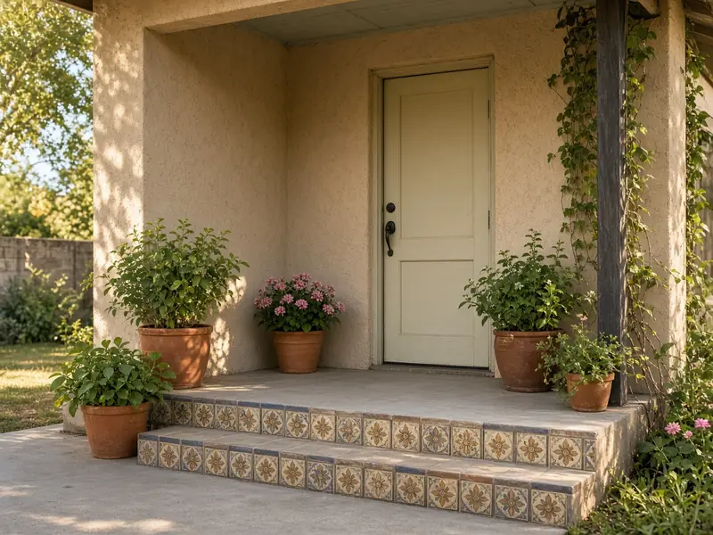 Front porch of a modest single-story south Texas home with potted plants and tiled steps
