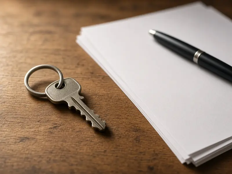 House key on a wooden table beside closing paperwork and a pen