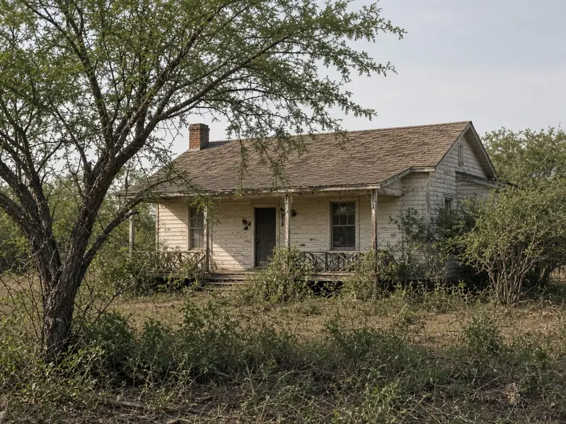 Older single-story house with worn paint and an overgrown yard, the kind of home that needs repairs