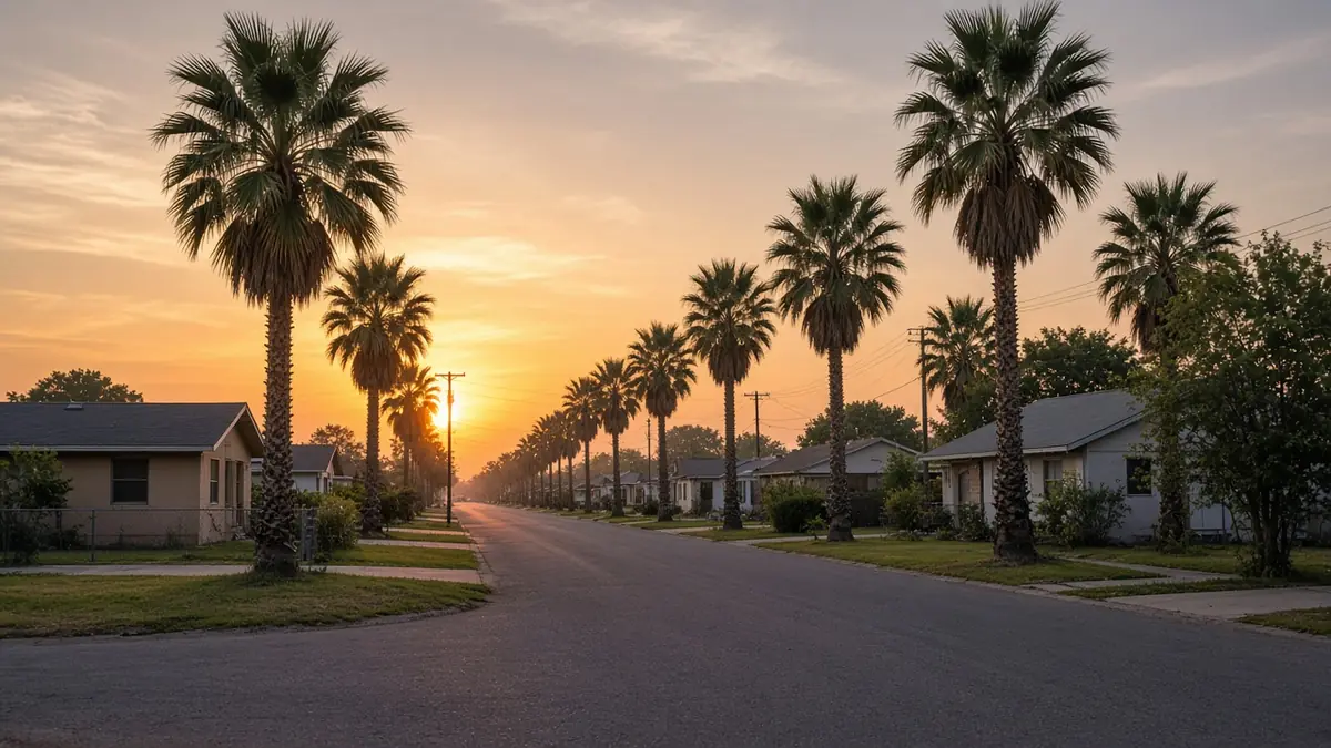 Palm-lined residential street of single-story homes in the Rio Grande Valley at sunset